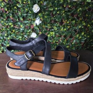Lucky Brand Trianna Adjustable Black Leather Espadrille Wedge Sandals Women 11